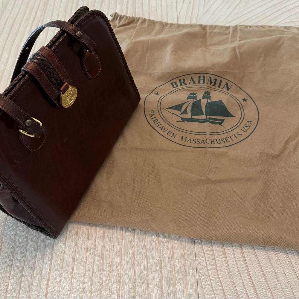 Vintage Brahmin Brown Leather Satchel Braided Trim NWOT